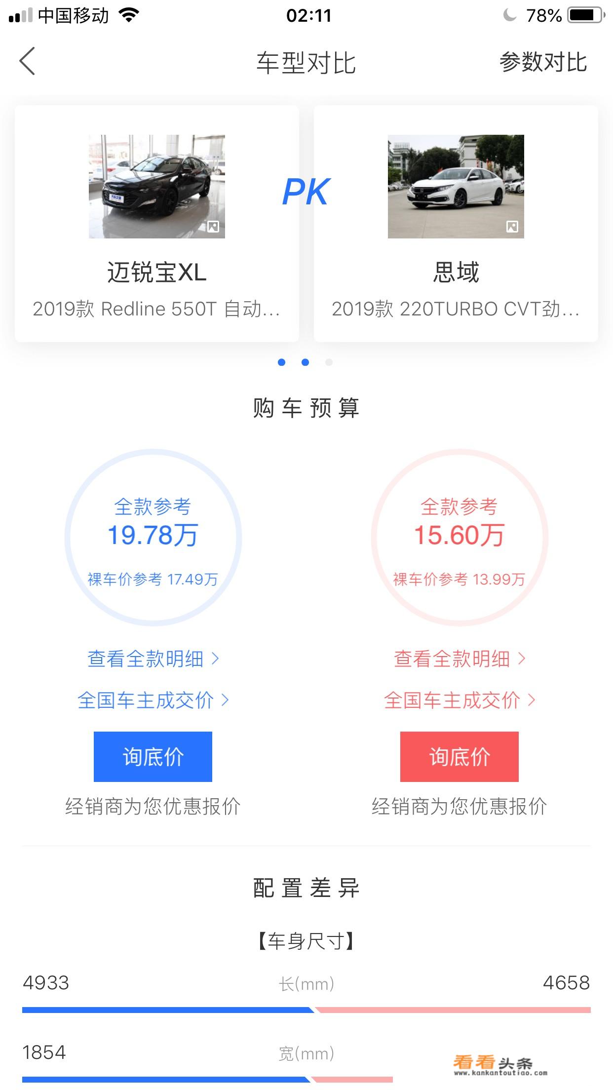 思域1.5T跑得赢迈锐宝XL2.0T的吗