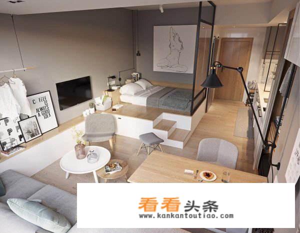 客厅想放一个大双人床不放沙发，旁边放餐桌，有好的装修效果图么，怎么设计？