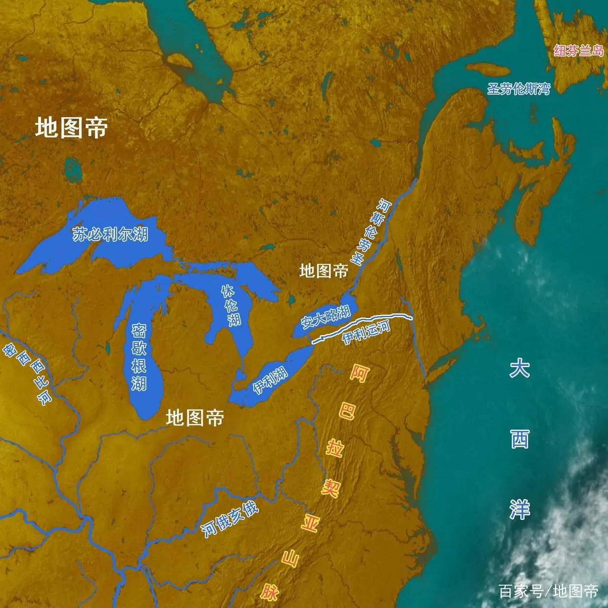 北美五大湖 在世界地图的位置